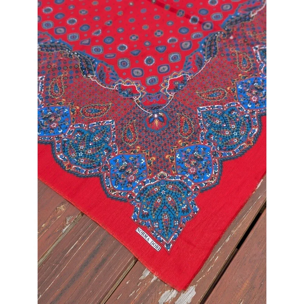 Vintage Paisley Scarf LARGE Norma Dori Red Bandana Print Square Wrap Retro 46
